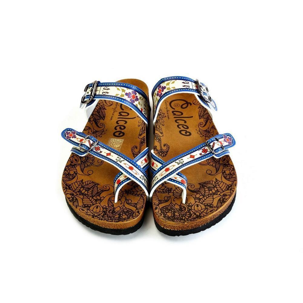 Dark Blue, Black and Cream Banded, Mosaic Color Flowers Patterned Sandal - CAL1015