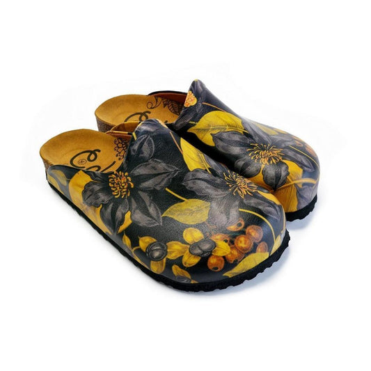Black Flowers and Yellow Leaf Sandal - CAL1408, Goby, CALCEO Sandal 