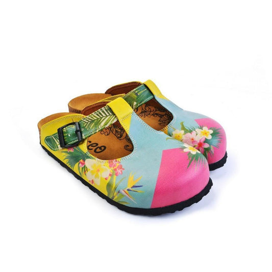 Blue & Pink Floral Color Block T-Strap Mule CAL1502, Goby, CALCEO Clogs 