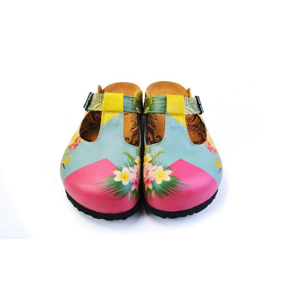 Blue & Pink Floral Color Block T-Strap Mule CAL1502, Goby, CALCEO Clogs 