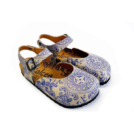 Blue and Beige Flowers Patterned Clogs - CAL1603, Goby, CALCEO Clogs 