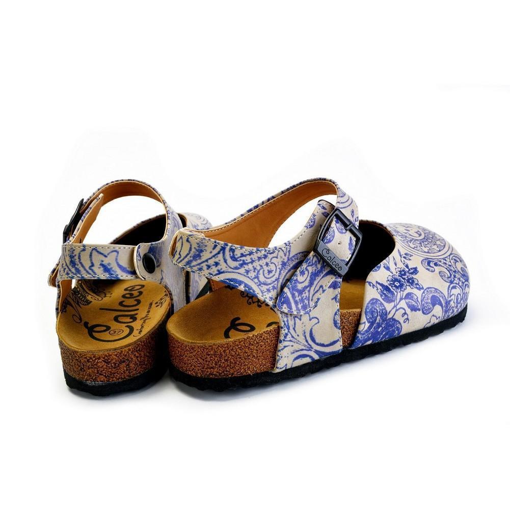 Blue and Beige Flowers Patterned Clogs - CAL1603, Goby, CALCEO Clogs 
