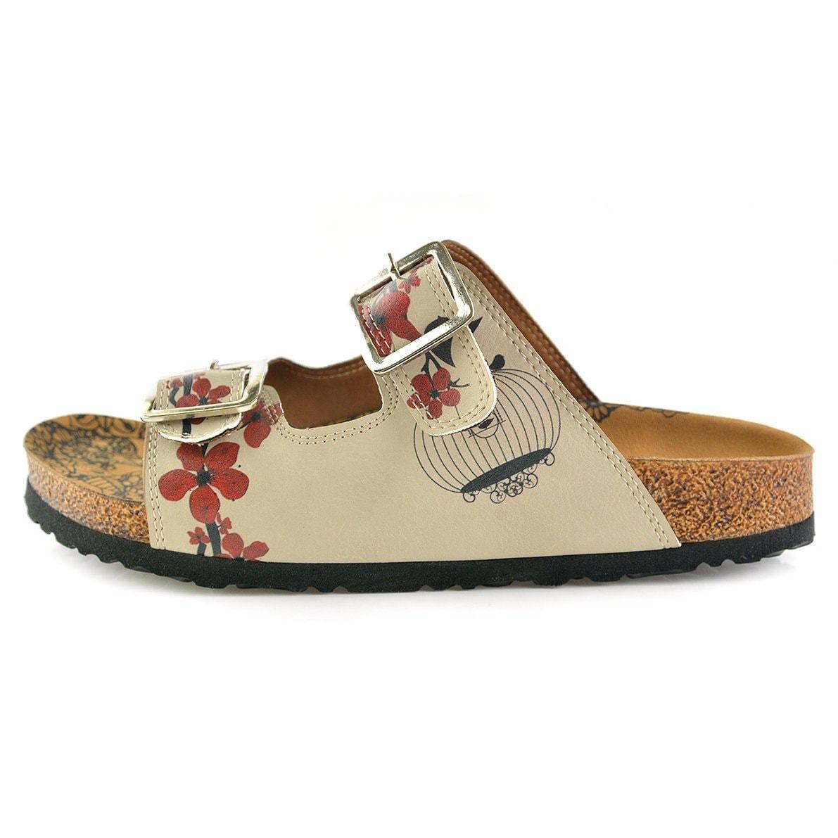 Cream & Red Floral Two-Strap Buckle Sandal CAL207 - Goby CALCEO Sandal 