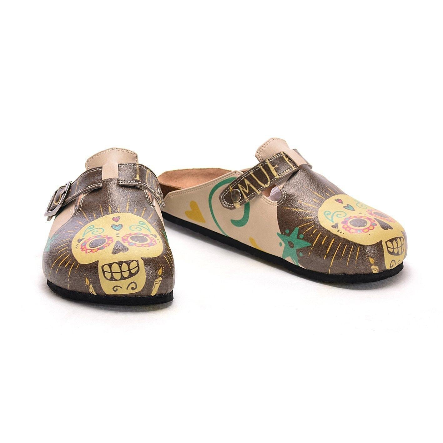Brown & Yellow Sugar Skull Clogs CAL308, Goby, CALCEO Clogs 