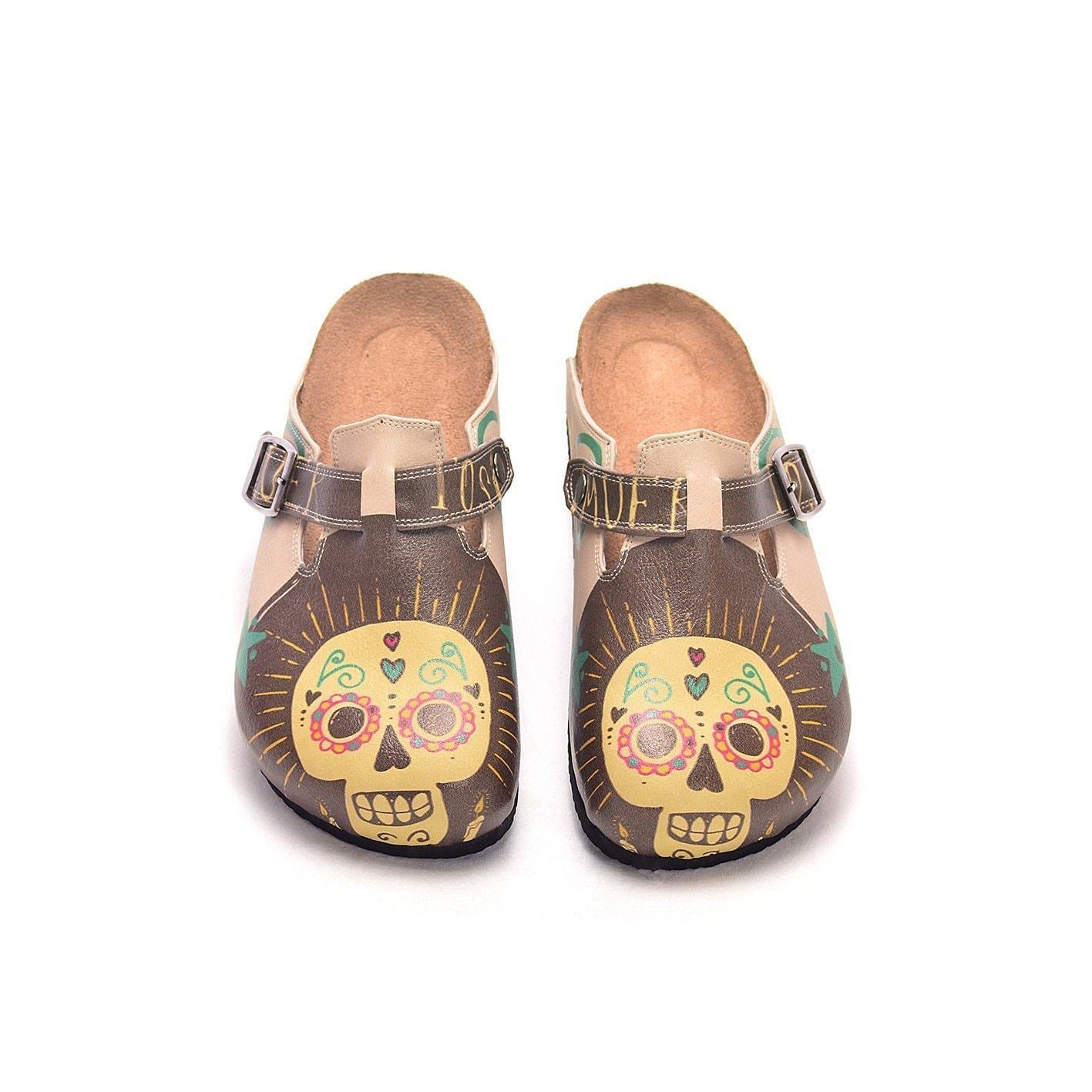 Brown & Yellow Sugar Skull Clogs CAL308, Goby, CALCEO Clogs 