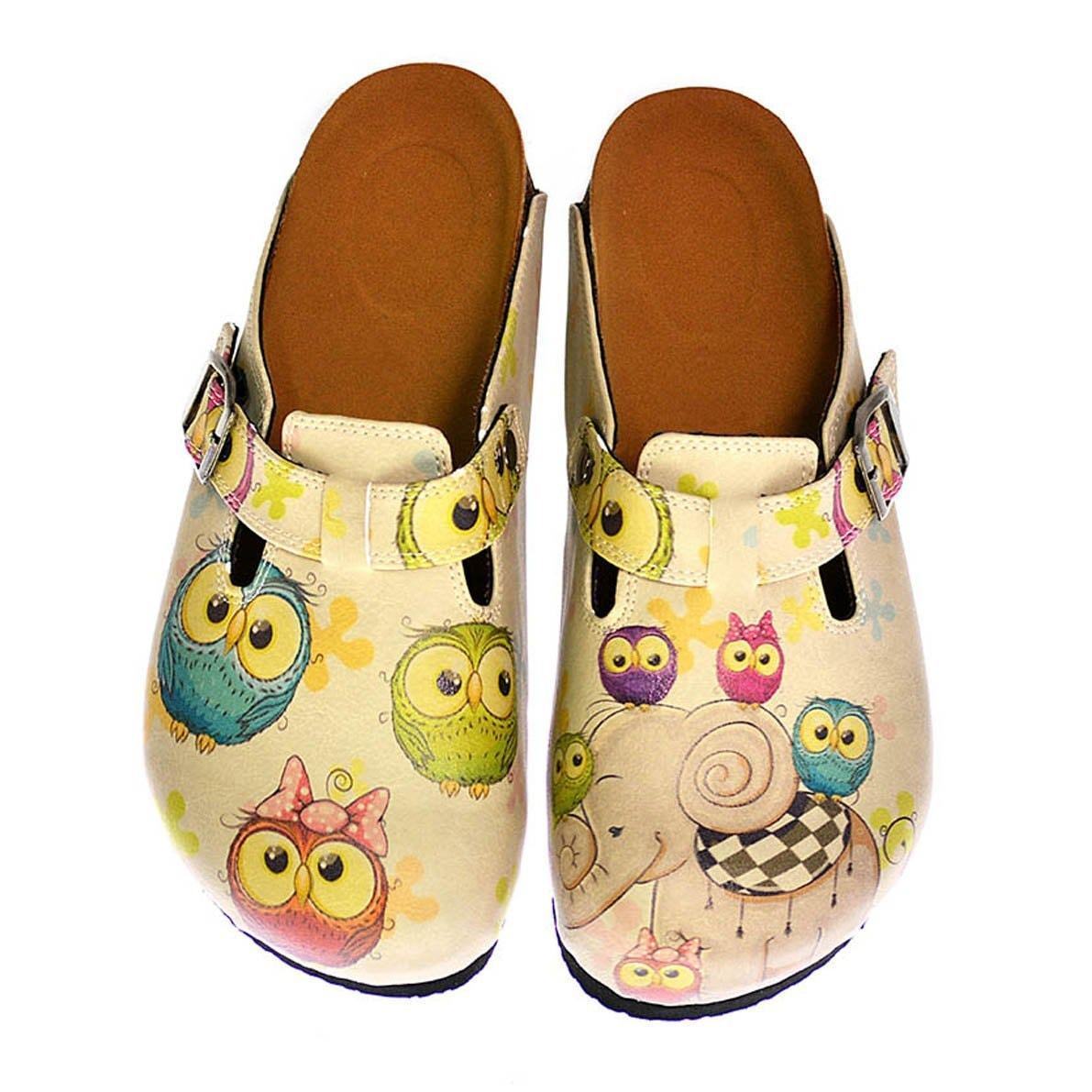 Cream Owl & Elephant Clogs CAL315 - Goby CALCEO Clogs 