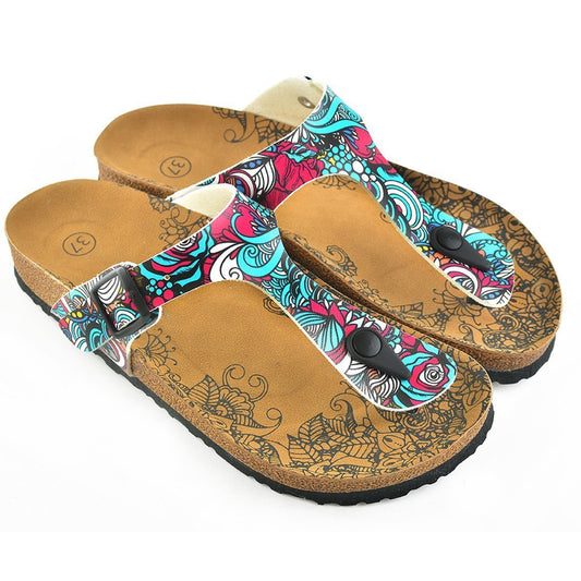 Turquoise & Pink Abstract T-Strap Sandal CAL511