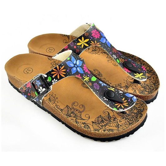 Black & Blue Floral T-Strap Sandal CAL512, Goby, CALCEO Sandal 