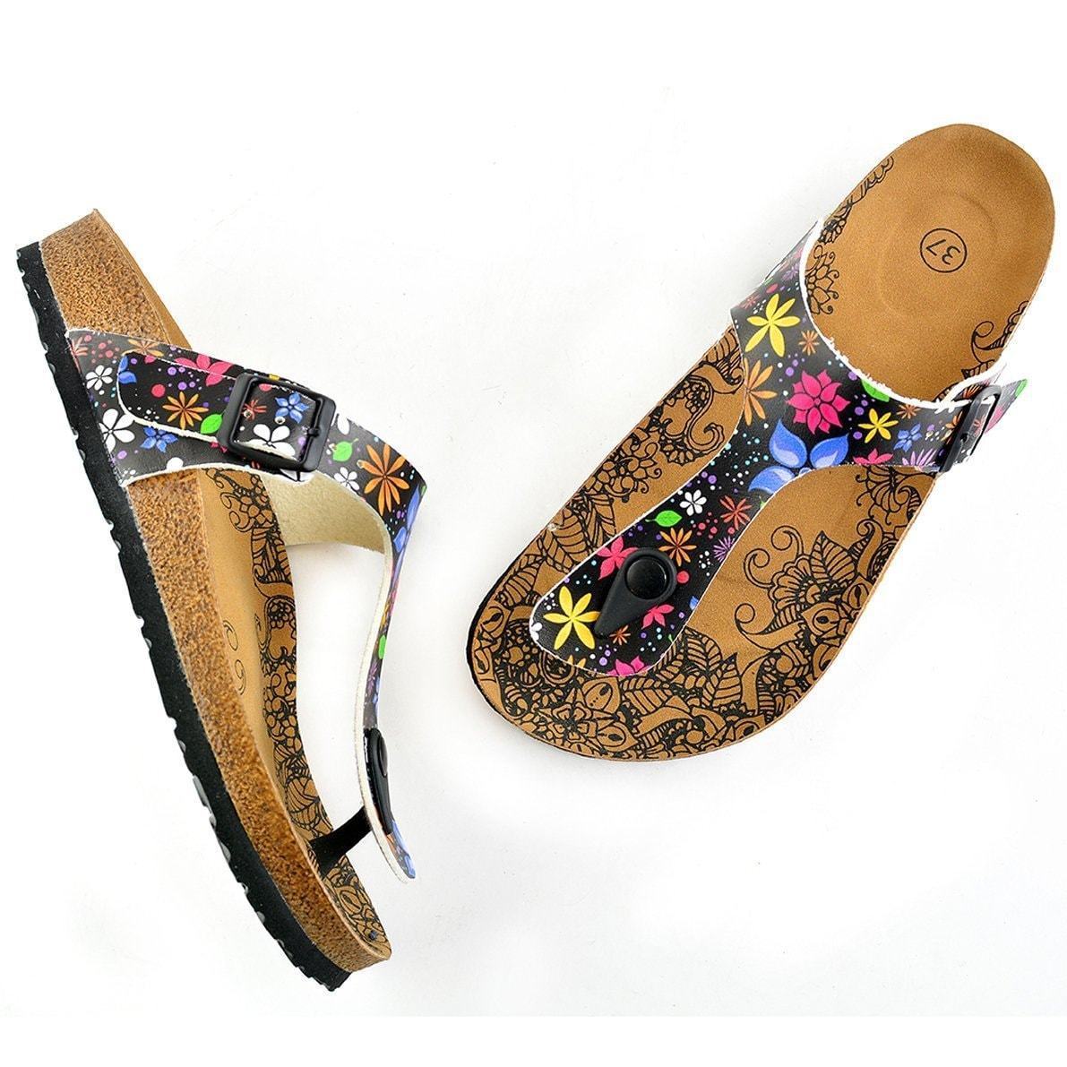 Black & Blue Floral T-Strap Sandal CAL512, Goby, CALCEO Sandal 