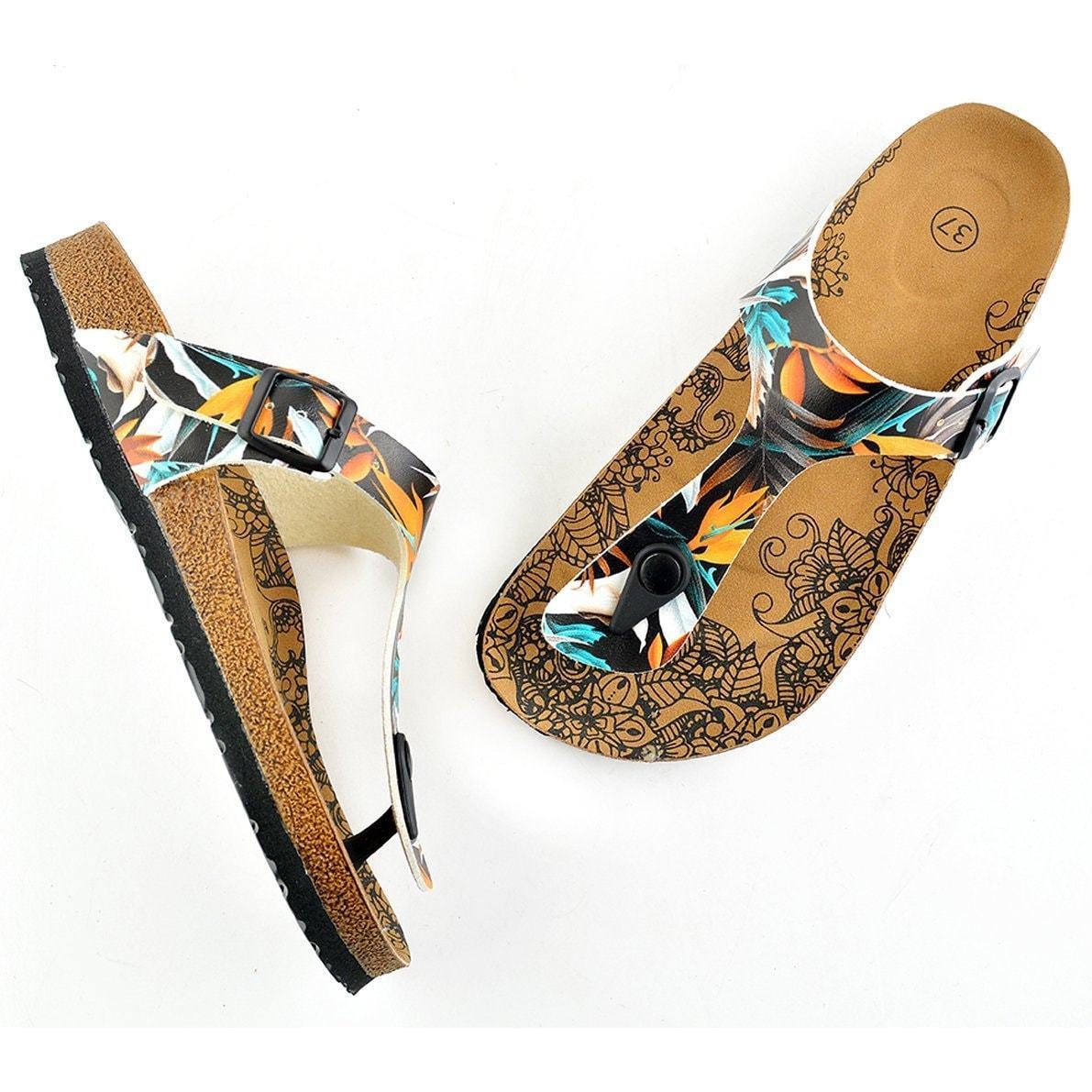 Black & Orange Leaves T-Strap Sandal CAL514, Goby, CALCEO Sandal 