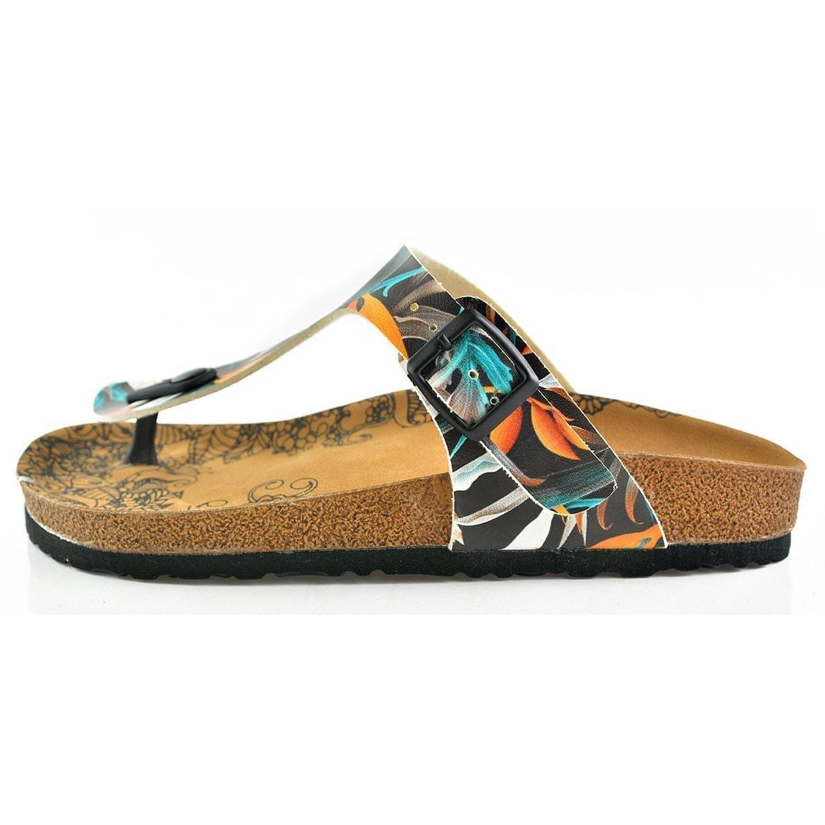 Black & Orange Leaves T-Strap Sandal CAL514, Goby, CALCEO Sandal 