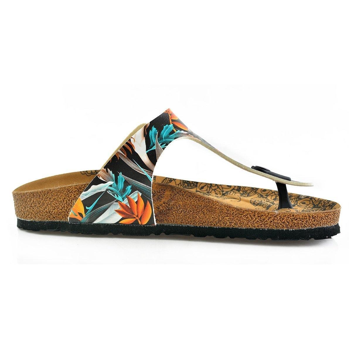 Black & Orange Leaves T-Strap Sandal CAL514, Goby, CALCEO Sandal 