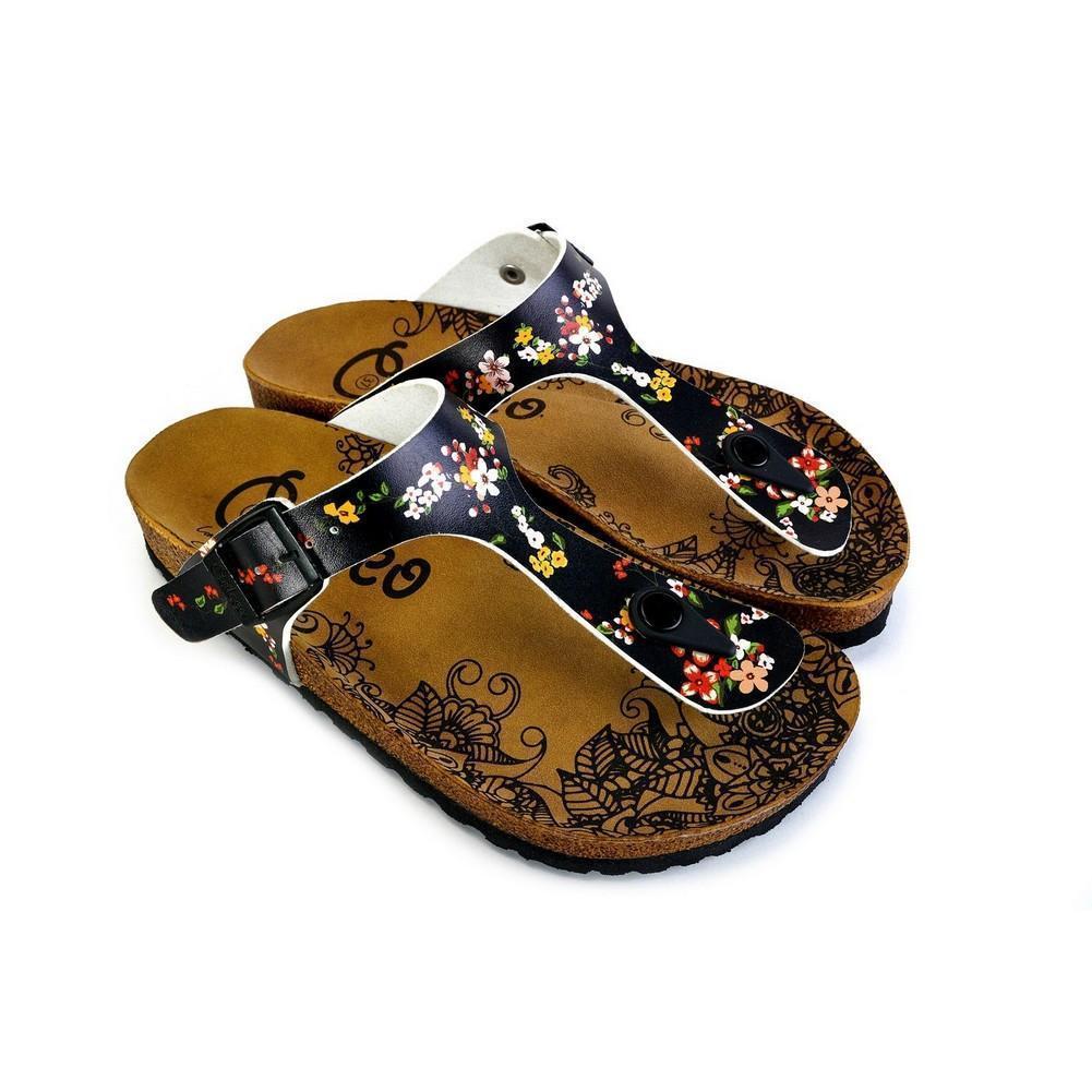Black and Colored Flowers Patterned Sandal - CAL526, Goby, CALCEO Sandal 