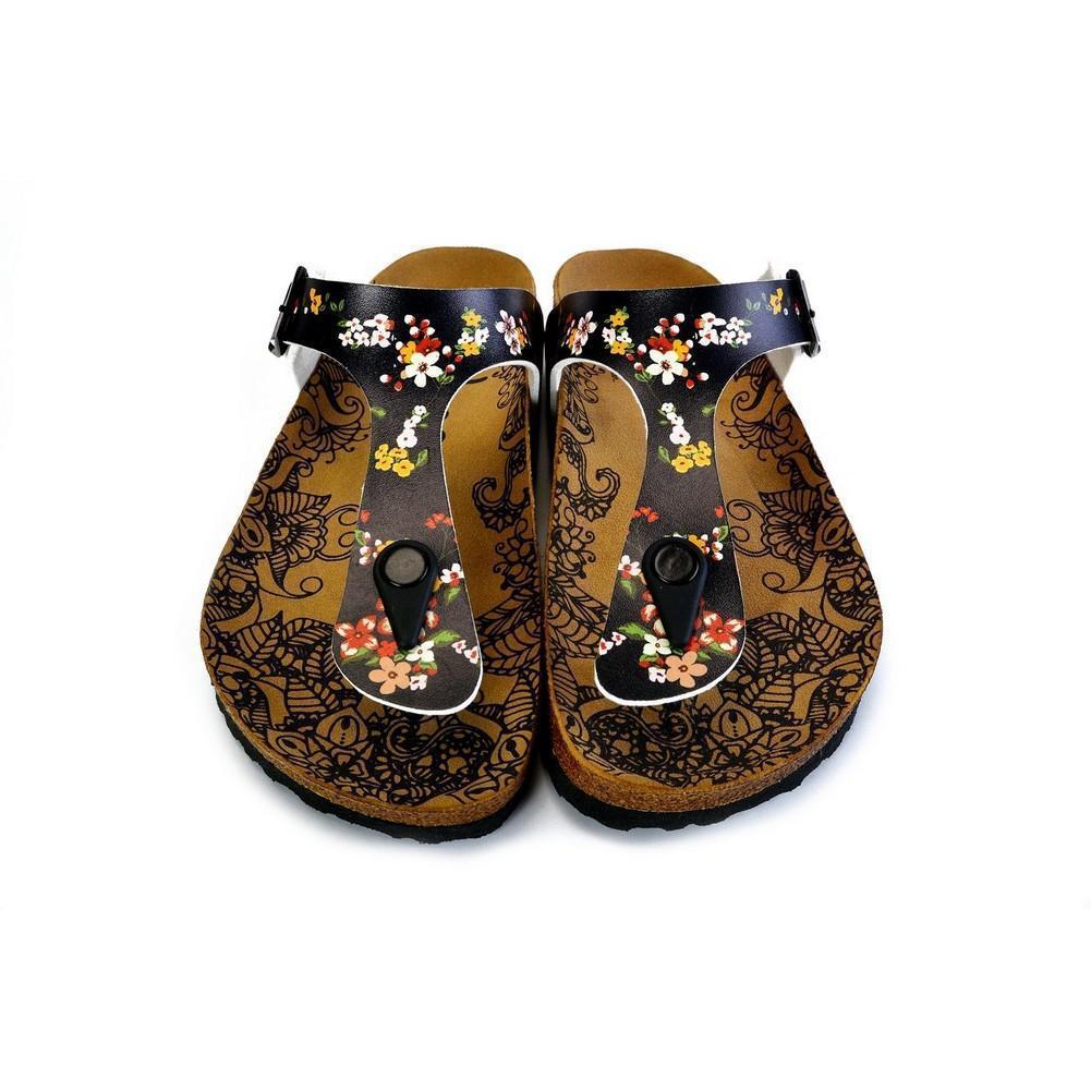 Black and Colored Flowers Patterned Sandal - CAL526, Goby, CALCEO Sandal 