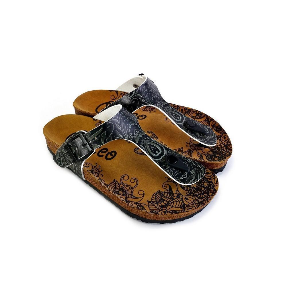 Black and Grey Patterned Flowers Sandal - CAL529, Goby, CALCEO Sandal 