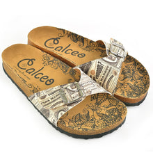 Beige Newspaper Buckle-Accent Sandal CAL905, Goby, CALCEO Sandal 