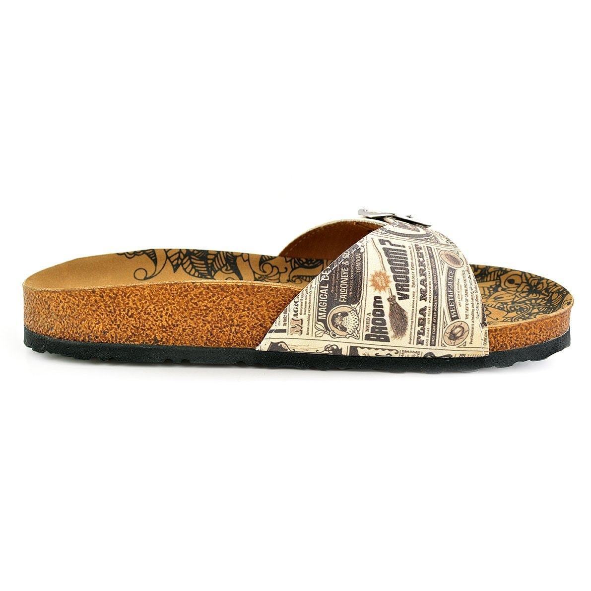 Beige Newspaper Buckle-Accent Sandal CAL905, Goby, CALCEO Sandal 