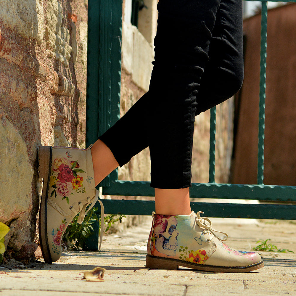 Flowers and Skull Ankle Boots PH210 (506272546848)