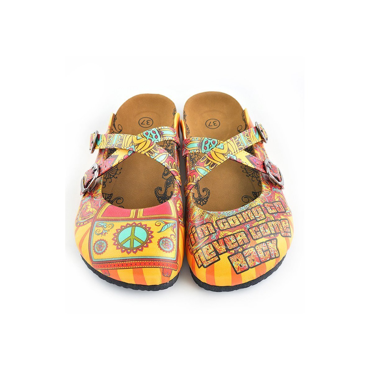 Yellow & Red Peace Sign Cross-Strap Clogs WCAL134