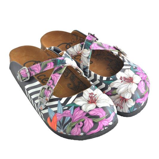 Black & Pink Floral Stripe Clogs WCAL153, Goby, CALCEO Clogs 