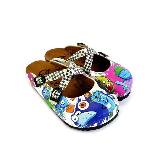 Black and White Squareds and Anime Character Patterned Clogs - WCAL173, Goby, CALCEO Clogs 
