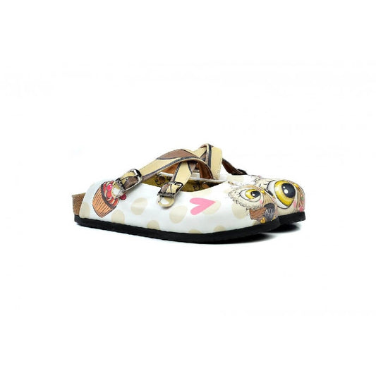 White & Tan Strappy Owl Clogs - WCAL3230